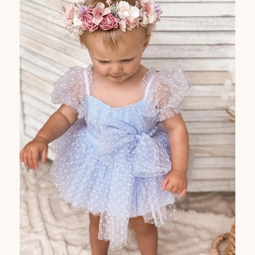 Swiss Dot Periwinkle Flower Fairy Romper Arabella & Rose